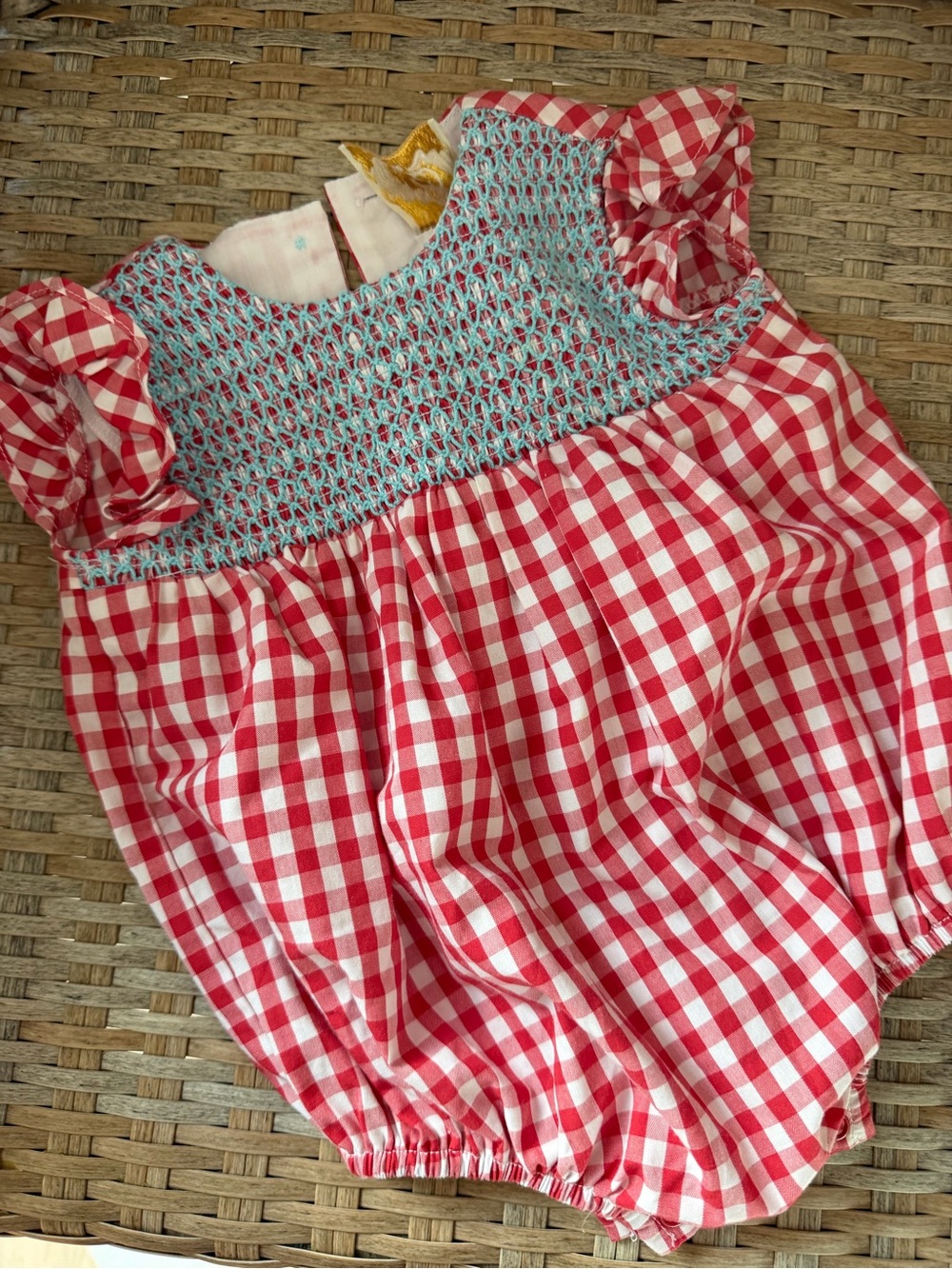 The Beaufort Bonnet Company Girls Red Gingham Bubble Romper with Blue Smocking